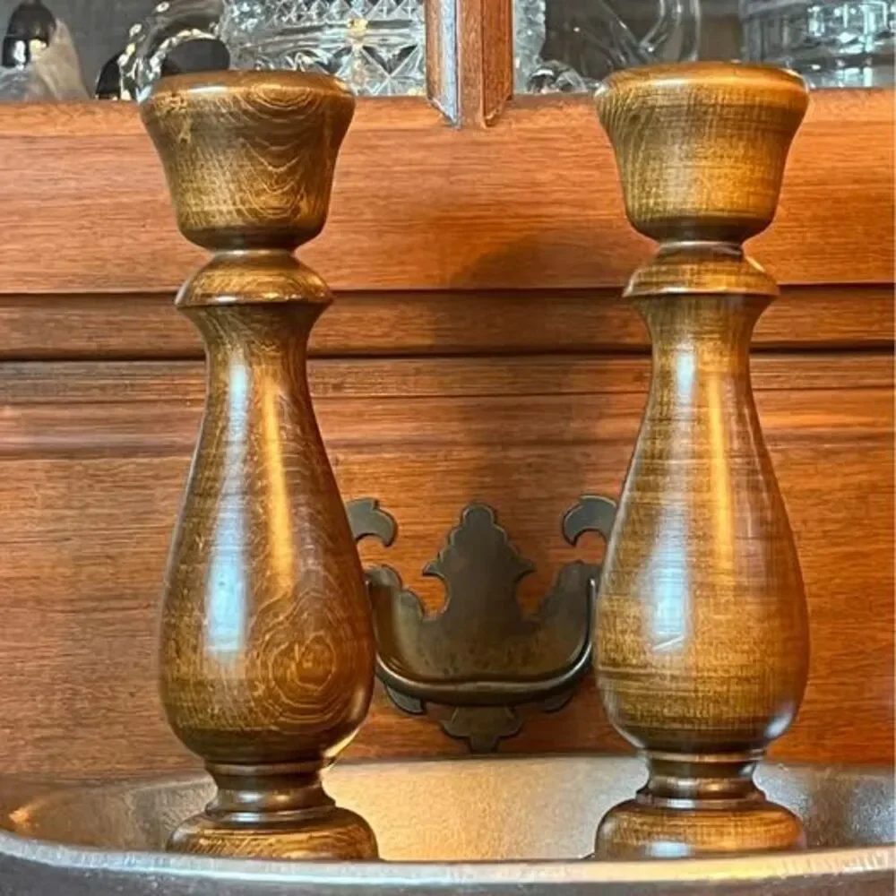 Vintage Mid-Century Hand-Turned Wood Taper Candlestick Holders - Pair